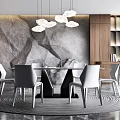 Modern Restaurant Interior With Stone Textured Wall Cloud Like Pendant Lights And Wooden Cabinets