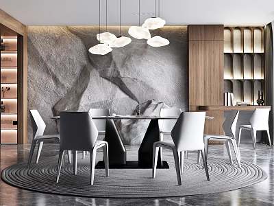 Modern Restaurant Interior With Stone Textured Wall Cloud Like Pendant Lights And Wooden Cabinets 3d model