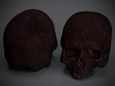 Human Skull Sculptures Carved With Dark Red Textured Surface Front And Side Views 3d model