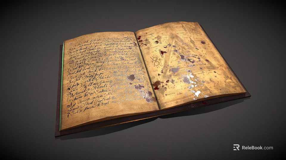 Open Old Book With Handwritten Text And Yellowed Pages Featuring Stains 3d model 