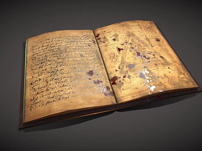 Open Old Book With Handwritten Text And Yellowed Pages Featuring Stains 3d model