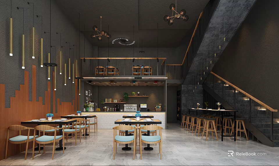 Modern Restaurant Interior Design With Wooden Tables Chairs Hanging Lights And Staircase 3d model 