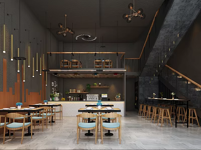 Modern Restaurant Interior Design With Wooden Tables Chairs Hanging Lights And Staircase 3d model