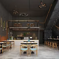 Modern Restaurant Interior Design With Wooden Tables Chairs Hanging Lights And Staircase
