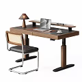 Modern Wooden Desk And Wicker Back Chair Set With Laptop Lamp Coffee Cup