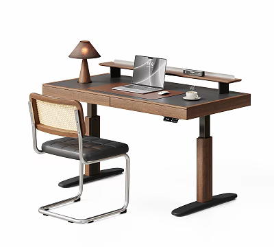 Modern Wooden Desk And Wicker Back Chair Set With Laptop Lamp Coffee Cup 3d model