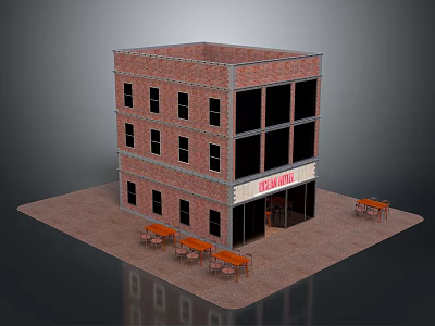 Three Story Red Brick Coffee Shop Building With Ground Floor Signboard And Outdoor Tables Chairs 3d model