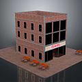 Three Story Red Brick Coffee Shop Building With Ground Floor Signboard And Outdoor Tables Chairs