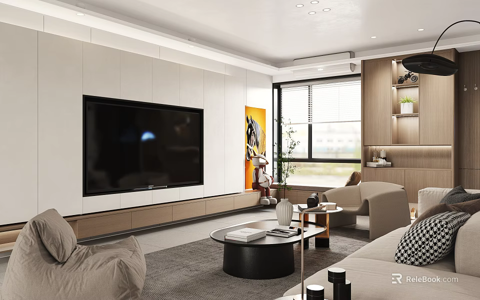 Modern Living Room Interior With Large TV White Wooden Walls Sofas Coffee Table And Plant 3d model 