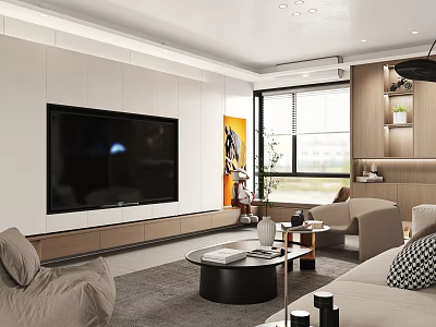 Modern Living Room Interior With Large TV White Wooden Walls Sofas Coffee Table And Plant 3d model