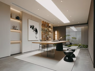 Modern Office Interior With Long Table Chairs Decorative Painting And Green Plants 3d model