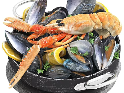 Delicious Seafood Pot with Lobster Mussels Lemon Slices and Fresh Herbs in Cast Iron Pot 3d model