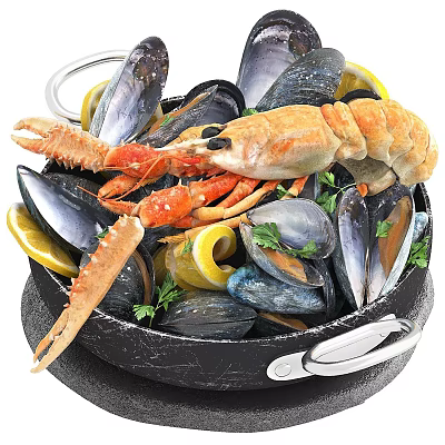 Delicious Seafood Pot with Lobster Mussels Lemon Slices and Fresh Herbs in Cast Iron Pot 3d model