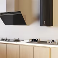 Modern Kitchen With Black Range Hood Stove Top And Wooden Cabinets