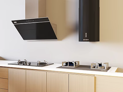 Modern Kitchen With Black Range Hood Stove Top And Wooden Cabinets 3d model