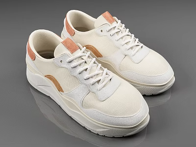 Beige Casual Sneakers With Light Brown Accents Mesh Fabric Upper And White Sole 3d model