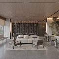 Modern Sales Office Interior Featuring Wooden Ceiling Sofa Tables Chairs Green Plants And Large Windows