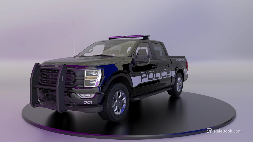Black Police Truck With Purple Roof Lights And Front Grille On Circular Display Stand 3d model 