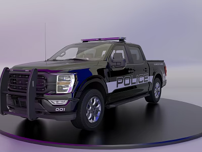 Black Police Truck With Purple Roof Lights And Front Grille On Circular Display Stand 3d model
