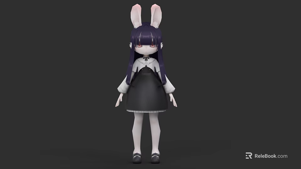 Rabbit Ears Woman with Purple Hair in Black Dress White Socks Black Shoes Gray Background 3d model 