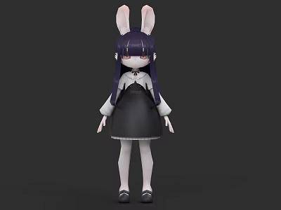 Rabbit Ears Woman with Purple Hair in Black Dress White Socks Black Shoes Gray Background 3d model