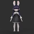 Rabbit Ears Woman with Purple Hair in Black Dress White Socks Black Shoes Gray Background