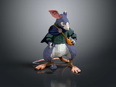 Anthropomorphic Rat 3D Character Model With Green Coat Scarf Yellow Bag Big Ears Standing Pose 3d model