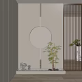 Foyer Hallway Interior Design with Circular Mirror Bamboo Plant and Wooden Screen