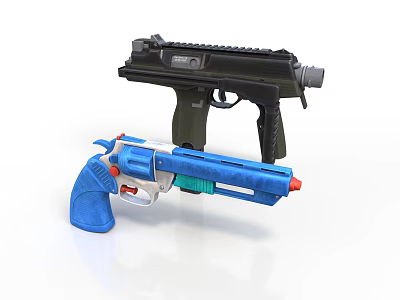 Two Different Types Of Weapons Featuring Blue Toy Gun And Black Tactical Firearm 3d model