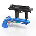 Two Different Types Of Weapons Featuring Blue Toy Gun And Black Tactical Firearm