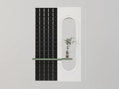 Modern Decorative Screen With Black Grid Pattern Oval Opening Green Shelf Vase And Plant 3d model