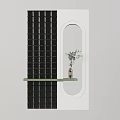 Modern Decorative Screen With Black Grid Pattern Oval Opening Green Shelf Vase And Plant
