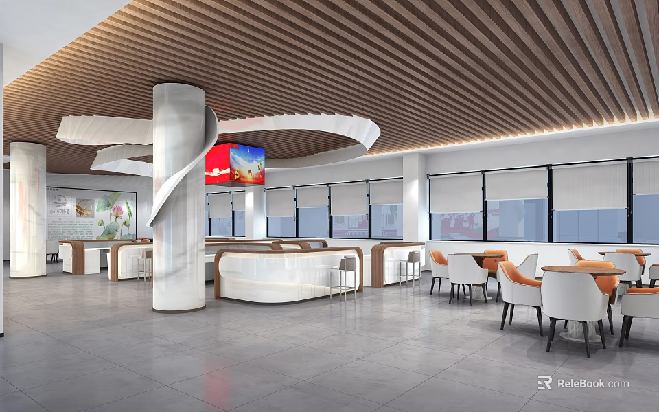 Modern Service Hall Interior Design With Wooden Ceiling Reception Desk And Waiting Seats 3d model 