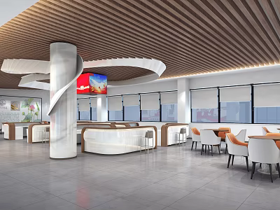 Modern Service Hall Interior Design With Wooden Ceiling Reception Desk And Waiting Seats 3d model
