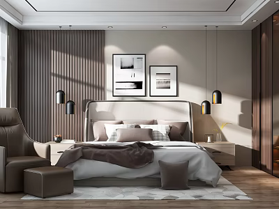 Modern Bedroom Interior with Wooden Walls Upholstered Headboard Framed Paintings Pendant Lights Nightstands Accent Chair 3d model