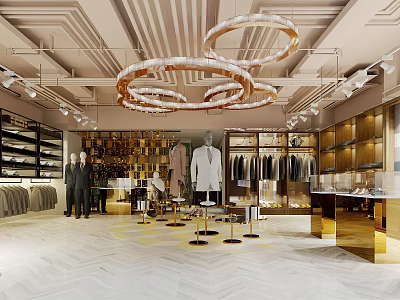 Elegant Clothing Store Interior With Circular Chandeliers Herringbone Floor And Clothes On Display Racks 3d model