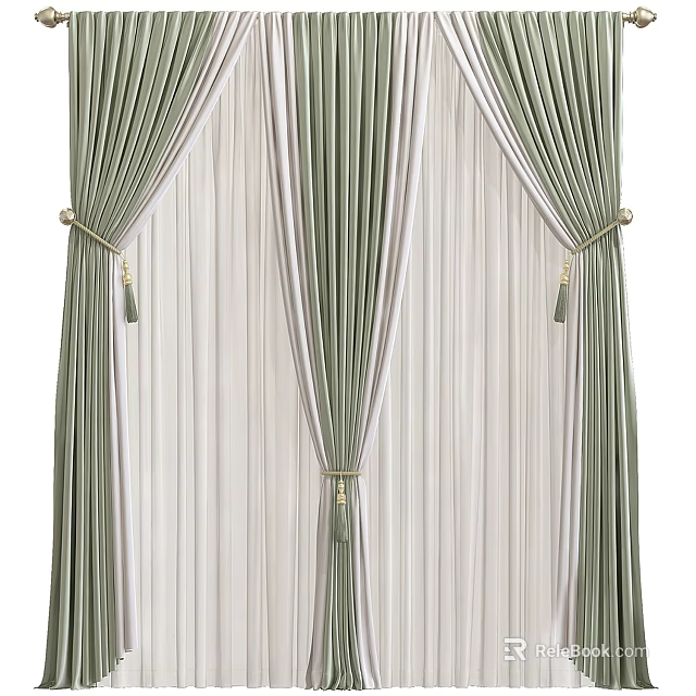 Green And White Pleated Curtains With Sheer Layer And Tassel Ties 3d model 