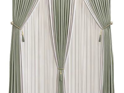 Green And White Pleated Curtains With Sheer Layer And Tassel Ties 3d model