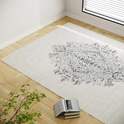 Square Rug with Intricate Pattern Light Beige Base Blue Pink Accents Living Room Decor 3d model