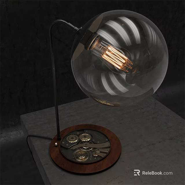 Modern Table Lamp With Transparent Globe Shade Edison Bulb Wooden Base And Gear Decorations 3d model 