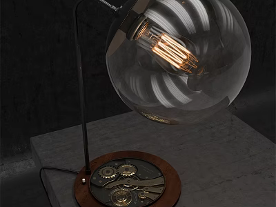 Modern Table Lamp With Transparent Globe Shade Edison Bulb Wooden Base And Gear Decorations 3d model