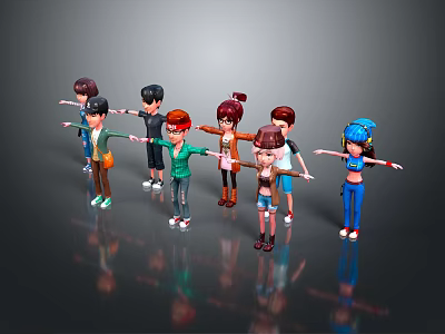 Multiple Cartoon Characters With Different Hairstyles And Various Outfits Standing In A Line Arms Outstretched 3d model