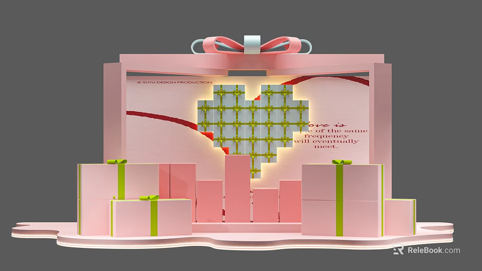 Pink Check in Photo Spot With Illuminated Heart Gift Boxes And Green Ribbons Bow 3d model 