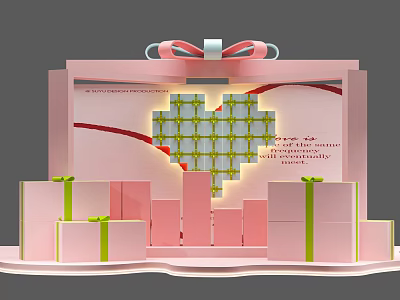 Pink Check in Photo Spot With Illuminated Heart Gift Boxes And Green Ribbons Bow 3d model