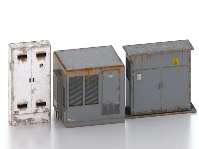 Three Industrial Electrical Enclosures With Rusted Surfaces Gray White Cabinets And Warning Signs 3d model