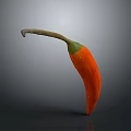 Fresh Orange Chili Pepper With Green Stem And Curved Shape On Gray Background