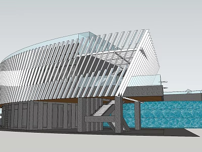 Modern Museum Building With Metal Grille Facade Glass Elements And Water Pool 3d model
