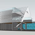 Modern Museum Building With Metal Grille Facade Glass Elements And Water Pool