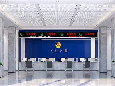 Elegant Hotel Lobby Interior Featuring Blue Background Wall And Reception Desks 3d model