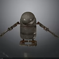 Vintage Metal Robot With Round Head And Mechanical Arms On Reflective Surface
